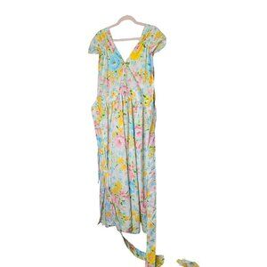 Handmade Floral Apron Dress Waist Ties Long Maxi Double V  Tank Sleeveless M- XL